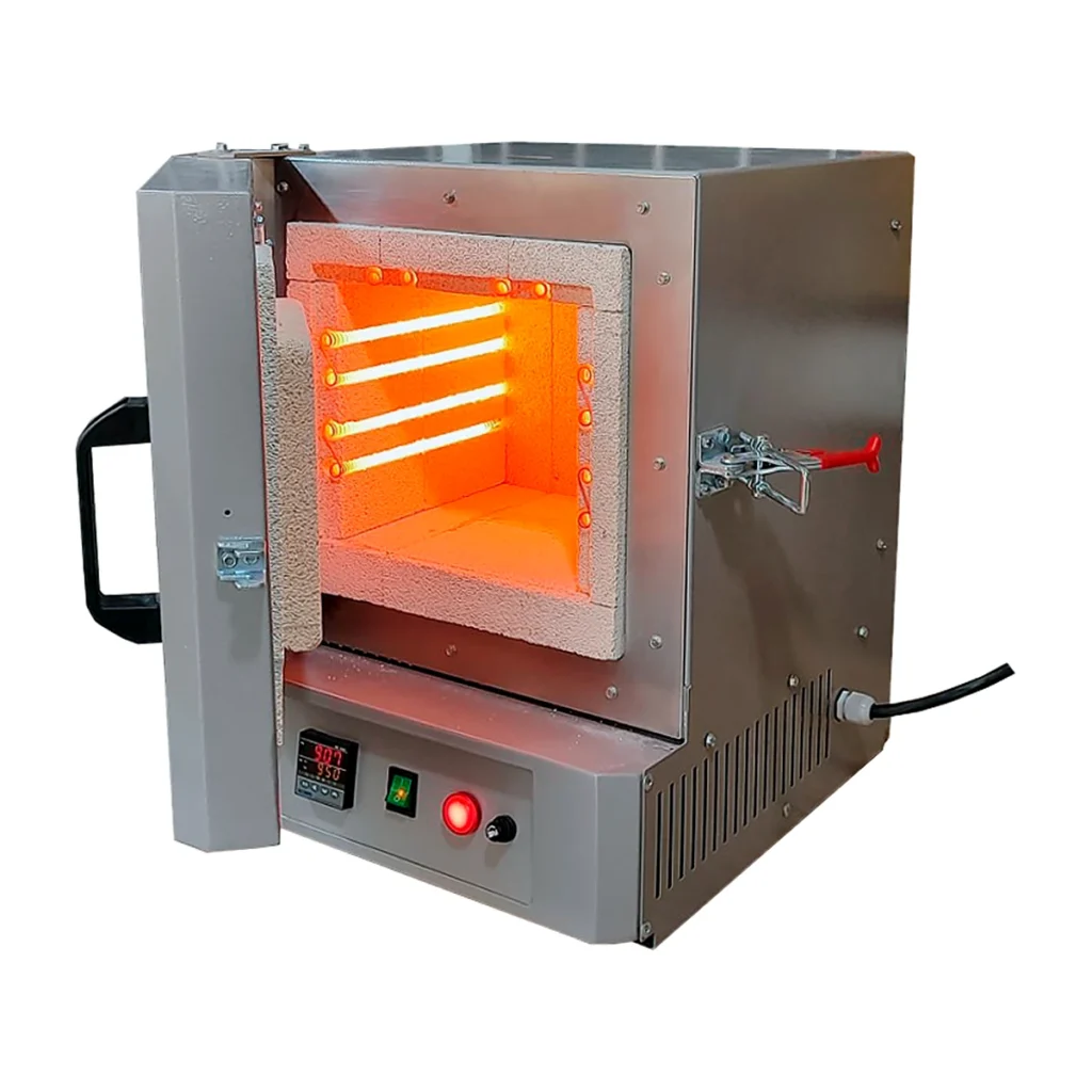 Mufla de laboratorio Serie LM ARDER abierta en funcionamiento con resistencias al rojo vivo